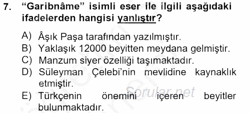 Türk İslam Edebiyatı 2012 - 2013 Dönem Sonu Sınavı 7.Soru