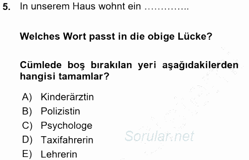 Almanca 1 2015 - 2016 Ara Sınavı 5.Soru