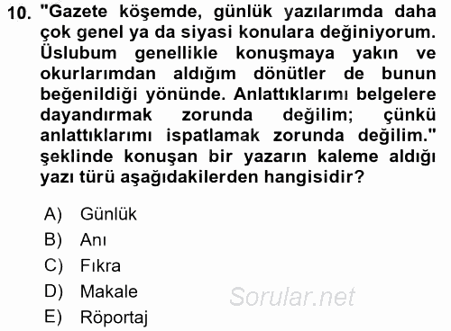 Türk Dili 2 2016 - 2017 Ara Sınavı 10.Soru