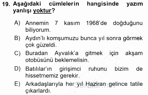 Türk Dili 2 2016 - 2017 Ara Sınavı 19.Soru