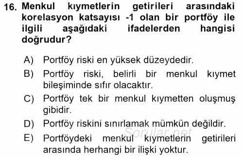 Portföy Yönetimi 2017 - 2018 Ara Sınavı 16.Soru
