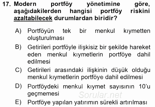 Portföy Yönetimi 2017 - 2018 Ara Sınavı 17.Soru