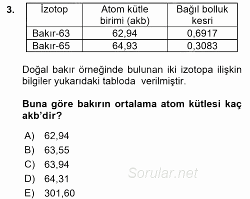 Genel Kimya 1 2017 - 2018 Dönem Sonu Sınavı 3.Soru