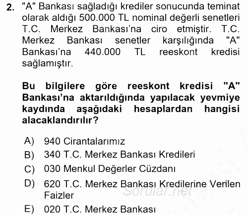 Banka Ve Sigorta Muhasebesi 2016 - 2017 Ara Sınavı 2.Soru