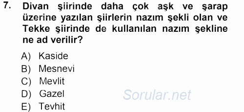 Türk Halk Şiiri 2012 - 2013 Dönem Sonu Sınavı 7.Soru