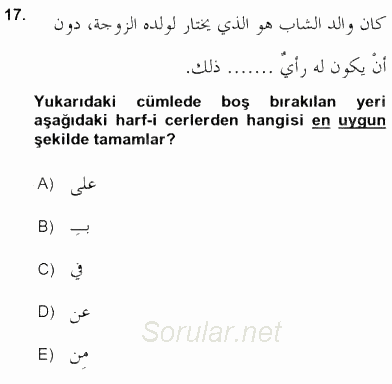 Arapça 3 2015 - 2016 Tek Ders Sınavı 17.Soru