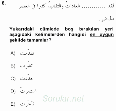Arapça 3 2015 - 2016 Tek Ders Sınavı 8.Soru