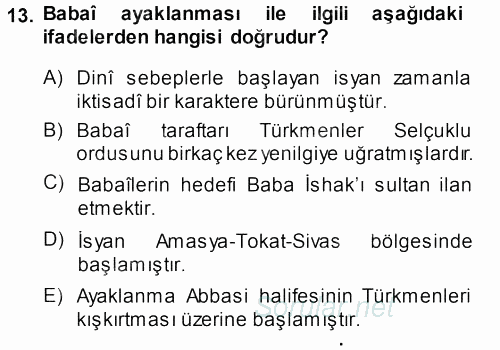 Türkiye Selçuklu Tarihi 2013 - 2014 Dönem Sonu Sınavı 13.Soru