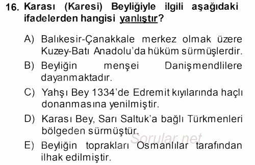 Türkiye Selçuklu Tarihi 2013 - 2014 Dönem Sonu Sınavı 16.Soru