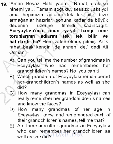 Çeviri (Türk/İng) 2013 - 2014 Dönem Sonu Sınavı 19.Soru