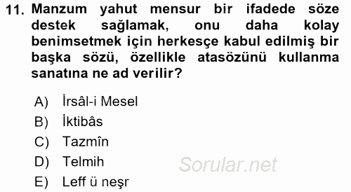 Türk İslam Edebiyatı 2016 - 2017 Ara Sınavı 11.Soru