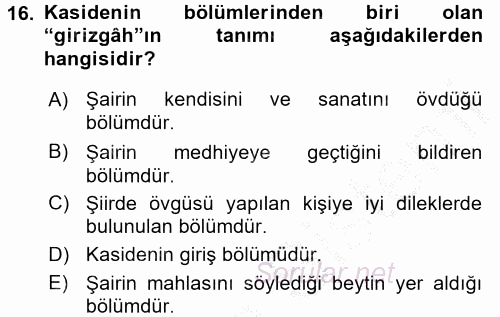 Türk İslam Edebiyatı 2016 - 2017 Ara Sınavı 16.Soru