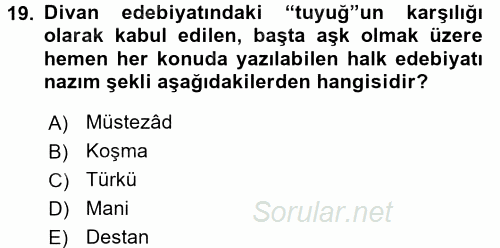 Türk İslam Edebiyatı 2016 - 2017 Ara Sınavı 19.Soru