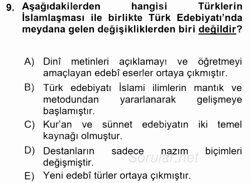 Türk İslam Edebiyatı 2016 - 2017 Ara Sınavı 9.Soru