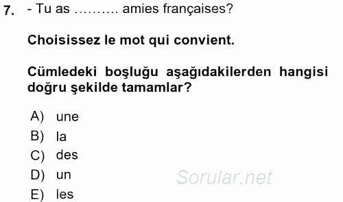 Fransızca 1 2015 - 2016 Ara Sınavı 7.Soru