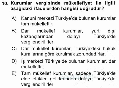 Türk Vergi Sistemi 2015 - 2016 Dönem Sonu Sınavı 10.Soru