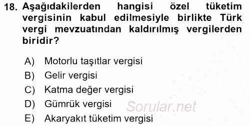 Türk Vergi Sistemi 2015 - 2016 Dönem Sonu Sınavı 18.Soru