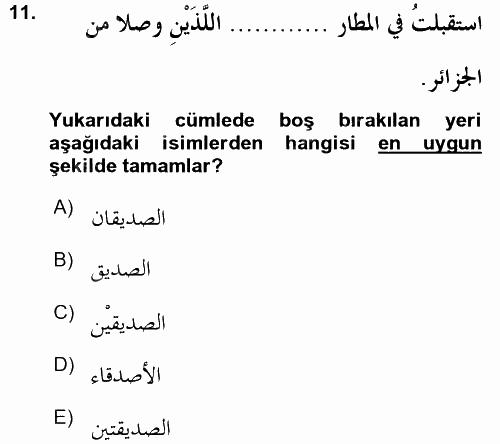 Arapça 3 2015 - 2016 Ara Sınavı 11.Soru