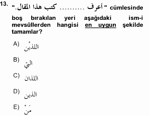 Arapça 3 2015 - 2016 Ara Sınavı 13.Soru