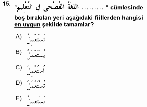 Arapça 3 2015 - 2016 Ara Sınavı 15.Soru