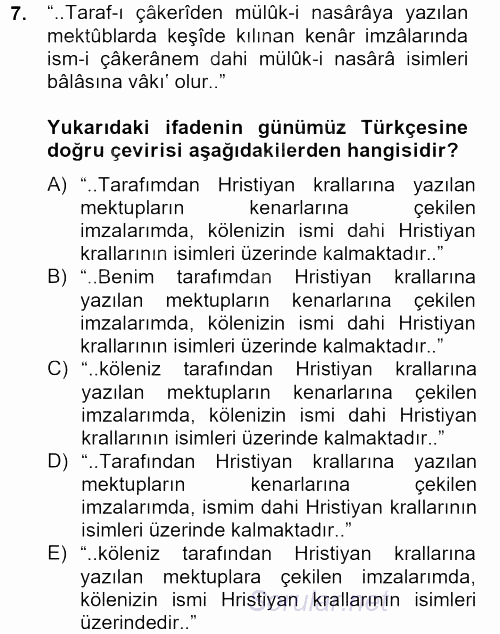 Osmanlı Türkçesi Metinleri 2 2012 - 2013 Dönem Sonu Sınavı 7.Soru