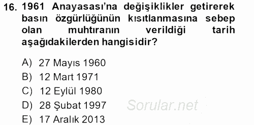 Türk Basın Tarihi 2014 - 2015 Dönem Sonu Sınavı 16.Soru