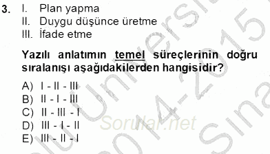 Türkçe Yazılı Anlatım 2014 - 2015 Ara Sınavı 3.Soru
