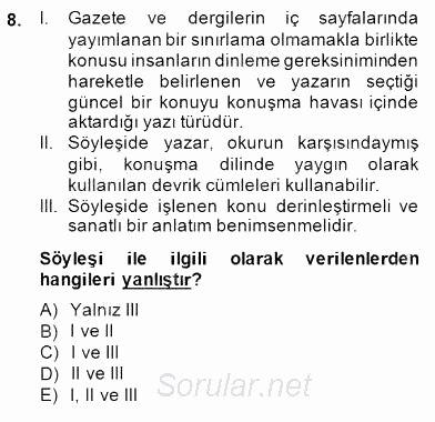 Türkçe Yazılı Anlatım 2014 - 2015 Ara Sınavı 8.Soru
