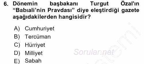 Türk Basın Tarihi 2015 - 2016 Dönem Sonu Sınavı 6.Soru