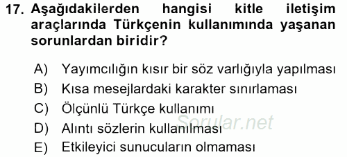 Türk Dili 1 2016 - 2017 Dönem Sonu Sınavı 17.Soru