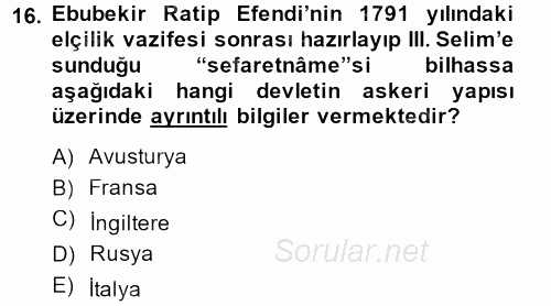 Osmanlı Tarihi (1789-1876) 2013 - 2014 Ara Sınavı 16.Soru