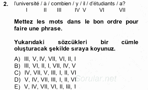Fransızca 1 2013 - 2014 Ara Sınavı 2.Soru