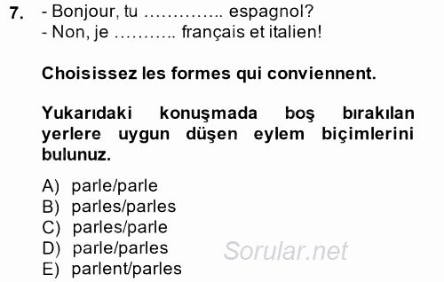 Fransızca 1 2013 - 2014 Ara Sınavı 7.Soru