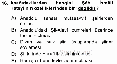 Türk Halk Şiiri 2017 - 2018 Ara Sınavı 16.Soru