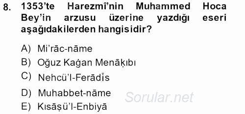 XI-XIII. Yüzyıllar Türk Dili 2014 - 2015 Dönem Sonu Sınavı 8.Soru