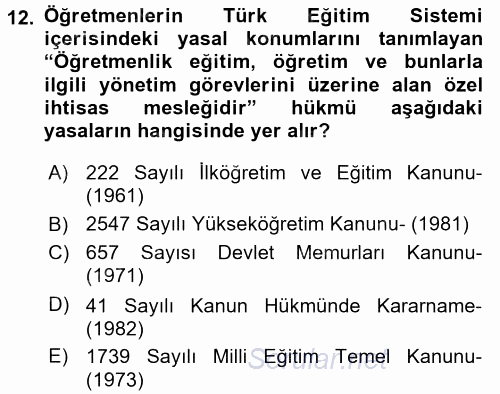Türk Eğitim Tarihi 2015 - 2016 Ara Sınavı 12.Soru