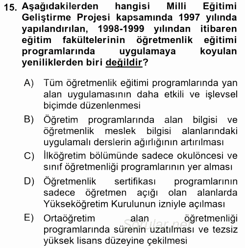 Türk Eğitim Tarihi 2015 - 2016 Ara Sınavı 15.Soru