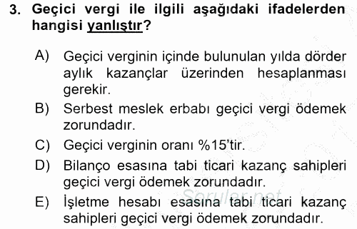 Türk Vergi Sistemi 2016 - 2017 3 Ders Sınavı 3.Soru