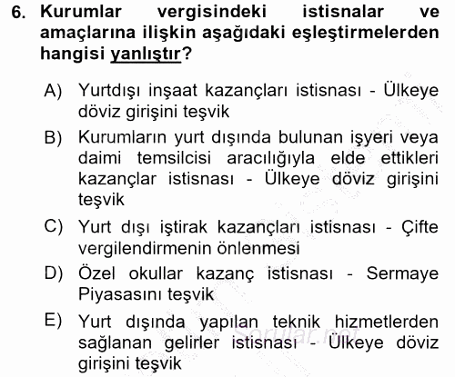 Türk Vergi Sistemi 2016 - 2017 3 Ders Sınavı 6.Soru