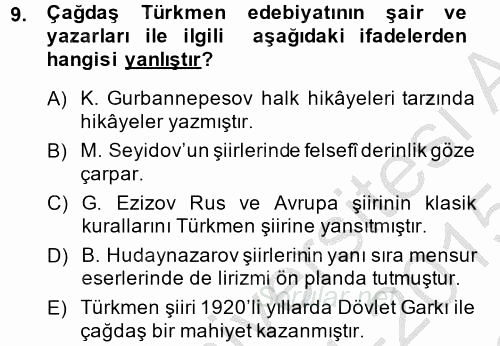 Çağdaş Türk Edebiyatları 1 2014 - 2015 Dönem Sonu Sınavı 9.Soru