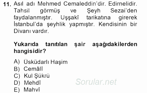 Türk Halk Şiiri 2014 - 2015 Dönem Sonu Sınavı 11.Soru