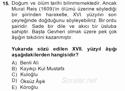 Türk Halk Şiiri 2014 - 2015 Dönem Sonu Sınavı 15.Soru