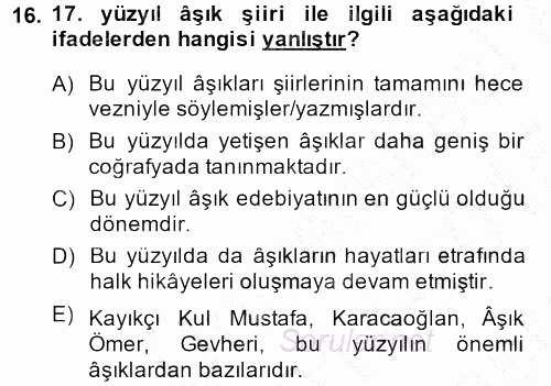 Türk Halk Şiiri 2014 - 2015 Dönem Sonu Sınavı 16.Soru