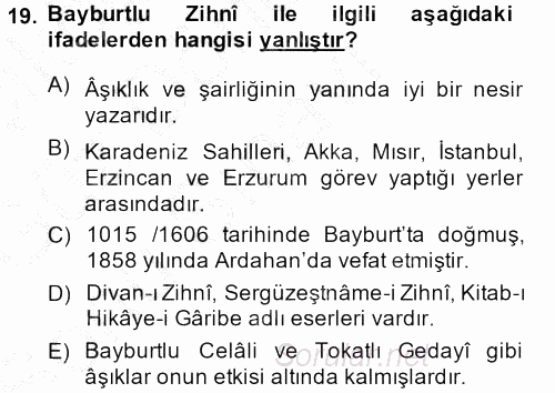 Türk Halk Şiiri 2014 - 2015 Dönem Sonu Sınavı 19.Soru