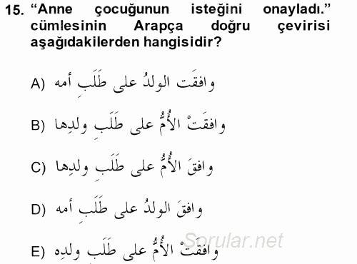 Arapça 3 2014 - 2015 Tek Ders Sınavı 15.Soru
