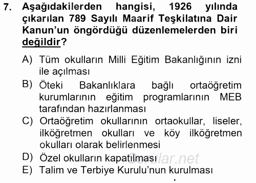 Türk Eğitim Tarihi 2012 - 2013 Dönem Sonu Sınavı 7.Soru