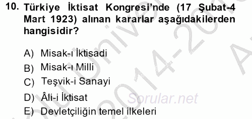 Atatürk İlkeleri Ve İnkılap Tarihi 2 2014 - 2015 Ara Sınavı 10.Soru