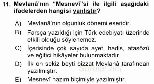 Türk İslam Edebiyatı 2015 - 2016 Tek Ders Sınavı 11.Soru