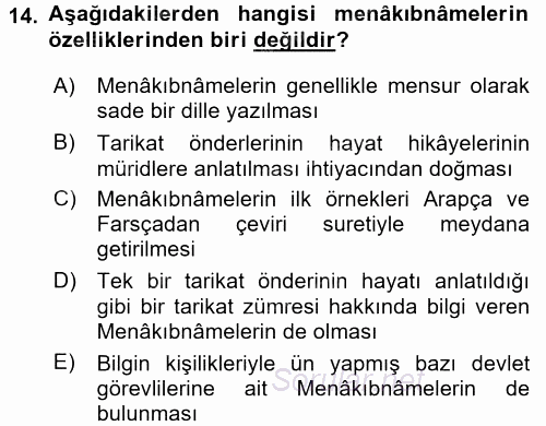 Türk İslam Edebiyatı 2015 - 2016 Tek Ders Sınavı 14.Soru