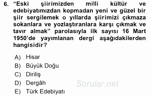Türk İslam Edebiyatı 2015 - 2016 Tek Ders Sınavı 6.Soru